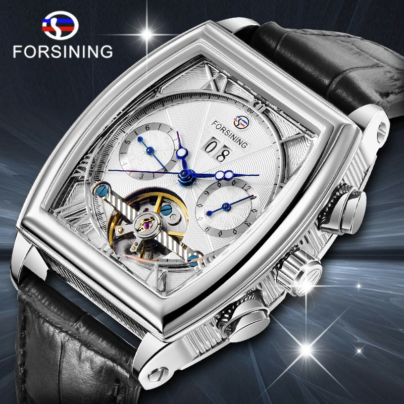 

Forsining Tourbillion Black Strap Silver Case Fashion Casual Design Men Watch Top Brand Mechanical Automatic Wrist Watch For Men