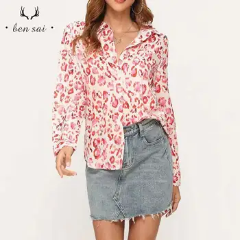 

Women V-neck Casual Tops Blouses Fashion Elegant Long Sleeve Print Chiffon Blouse Female Spring New