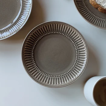 Dark grey bead embossed ceramic dinner plate 2