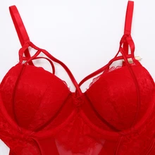  Bodysuit Women Push Up Red Strappy Cup Eyelash Lace Floral Pattern Padded Underwire Lingerie Women Shapewear High Quality 