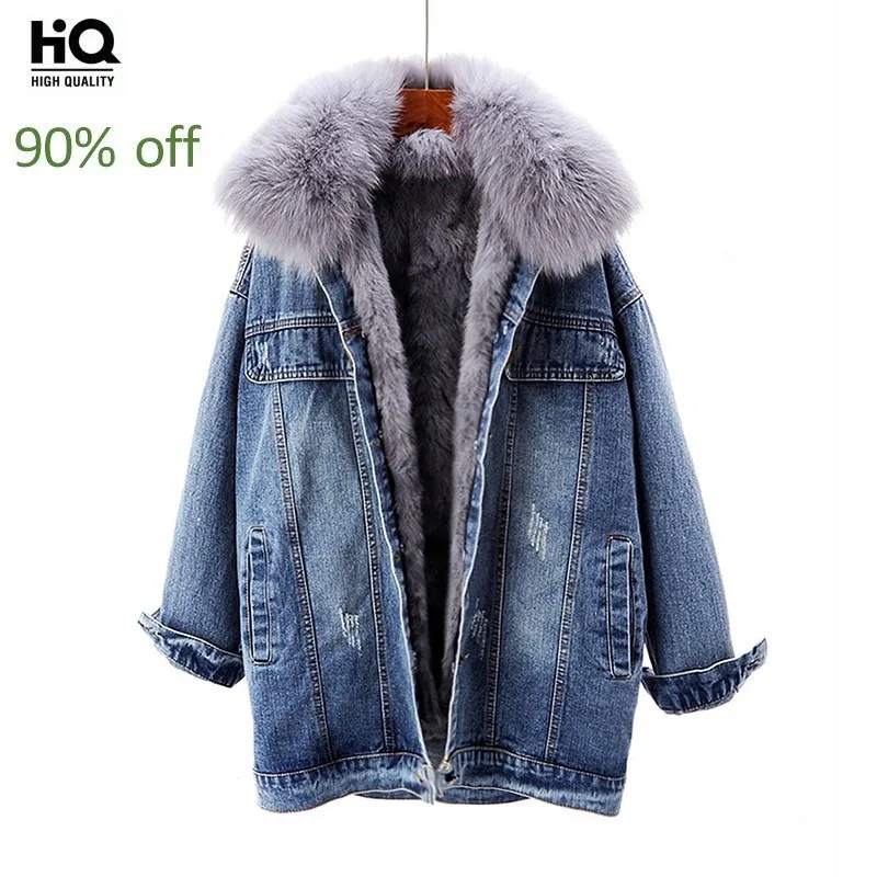 

Winter Warm Detachable Rabbit Fur Lining Faux Fox Collar Overcoats Casual Thick Single Breasted Loose Ripped Women Denim Jackets