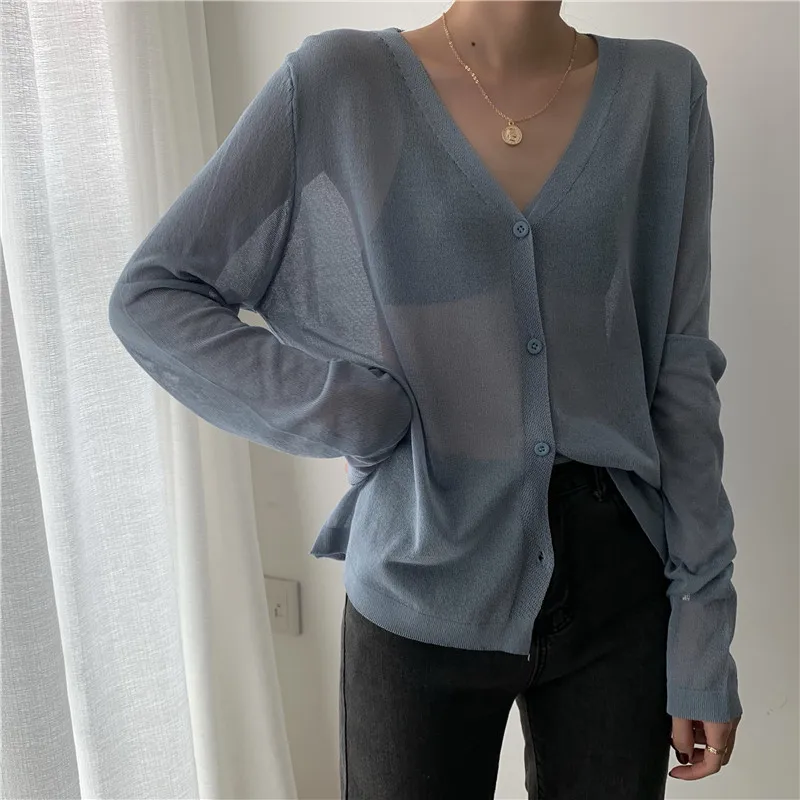 Chaqueta de mujer Coreana de manga larga Cardigan verano Chaqueta corta de punto con cuello en V de hielo delgado jerséis de seda protector solar camiseta Tops