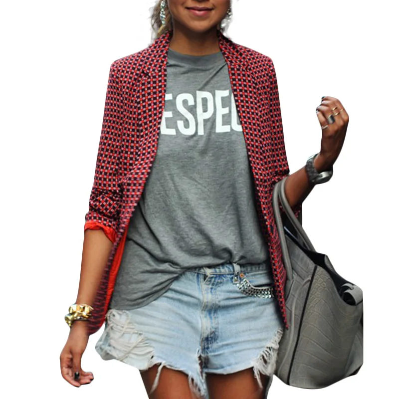 

Fashion Office Lady Casual All-match Jackets Autumn Plaid Pattern Long Sleeves Turndown Collar Suit Coat NEW!