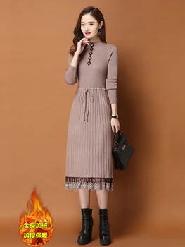 

2019 Knitting autumn elegant Dress Woman Increase Down Long Fund Rendering Garment Overknee Within Build Sweater Waist