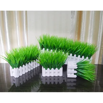 

10/15/50CM Fake Plant Pot Artificial Grass Decor White Wooden Fence Potted Decoration Home Office Garden Decor Green Grass E2S