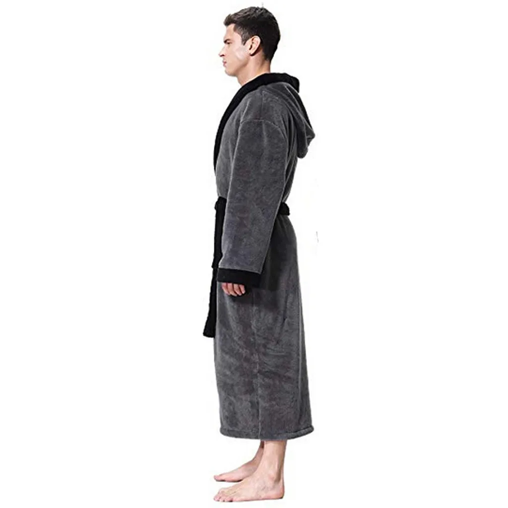 hooded Bathrobe men robe sleepwear Plush winter Lengthened Patchwork Long Sleeve Robe badjas d90914