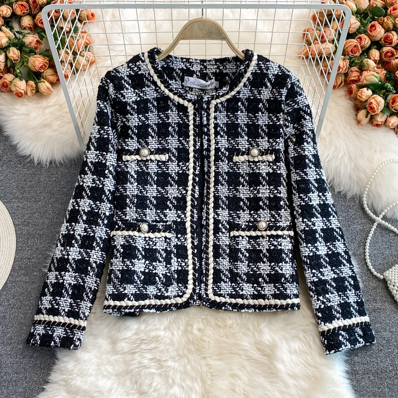 

Fashion Long Sleeve Frayed Trims Outerwear Chic Plaid Jacket Tweed Woolen Overcoat Women Tops Vintage Houndstooth Tweed Coat