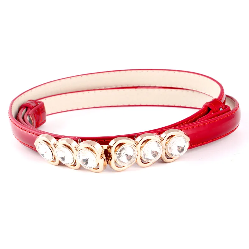 Luxury Women Crystals Buckle Thin Leather Belts Rhinestones Diamante Belt NUBLT0099 - Цвет: Red