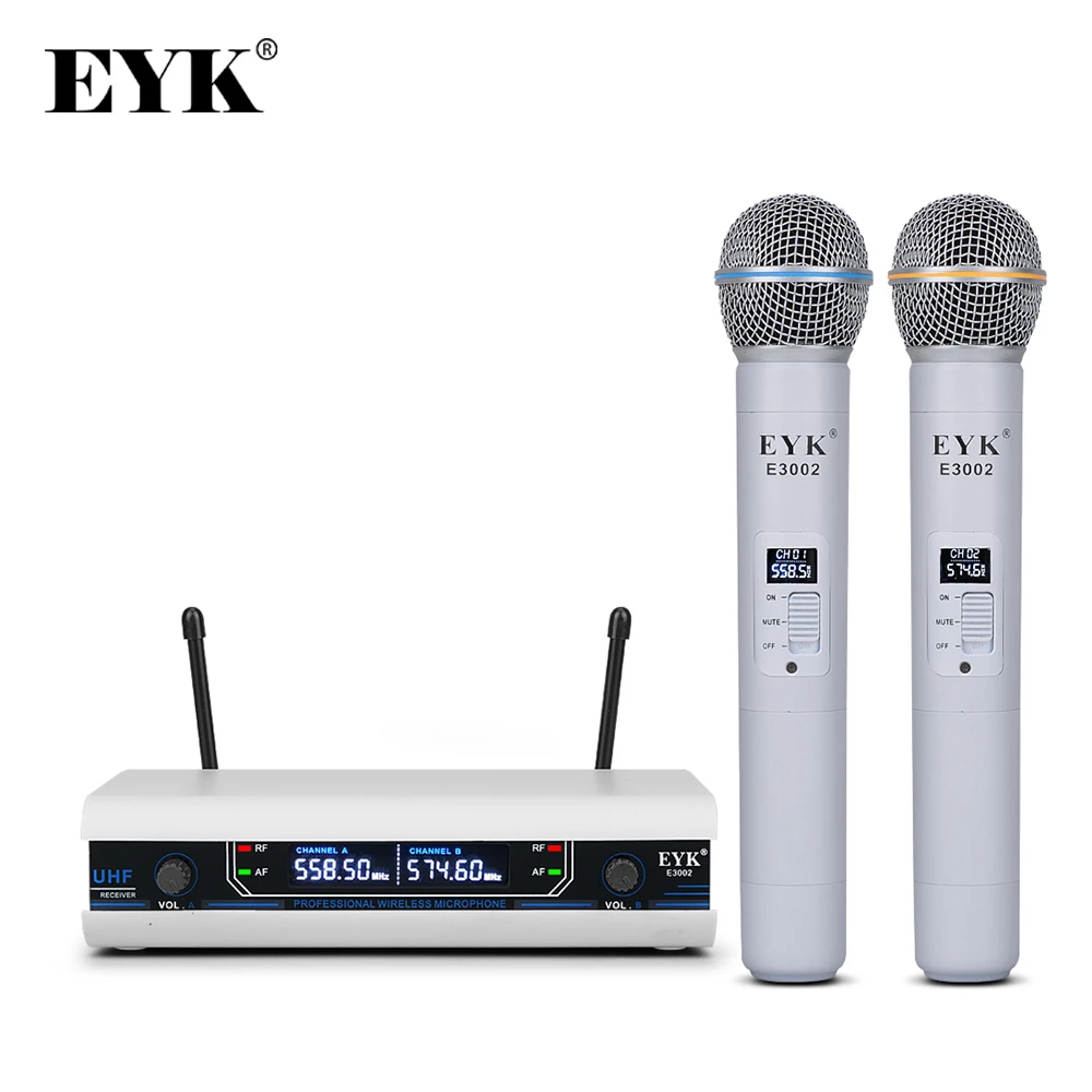 EYK E3002 Professional UHF Karaoke Wireless Microphone System Long Range Dual Metal Handheld Mic Transmitter with MUTE Function