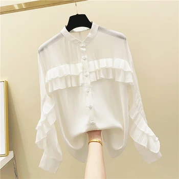 

Ruffle Bllouse Woman Stand-Collar Chiffon Shirt Women's 2020 Spring and Summer Long Sleeve Blouses Tops Holiday Beach Top Blusas