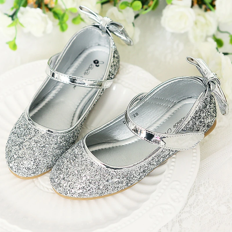 Little Girl Shoes Fashion Sequins Bow Flat Sneakers Spring New Girls Princess Soft Bottom Kids Leather Shoes size 25-35 STX002