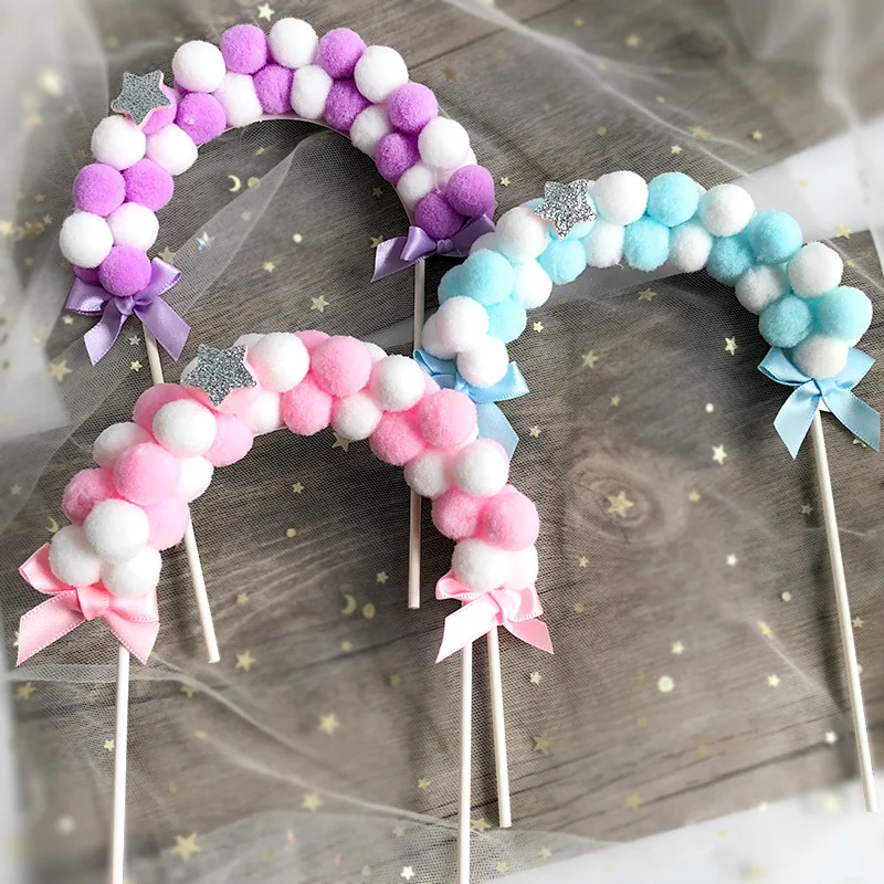 1PC Pink Blue Soft Pompom Cloud Cake Topper Happy Birthday Party DIY Cake Top Flags Decoration