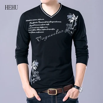 

T-Shirt Men Cotton T Shirt Full Sleeve T Shirt Men Casual Men's Clothing T-shirts Tops&tees V-neck Long Shirt 5 Colors