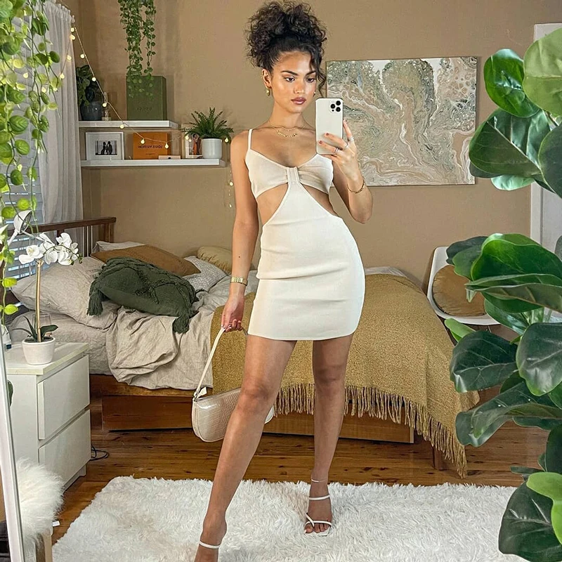 

Summer Women Solid Color Sling Dress Ladies Low Neck Hollowed Waist Slimming Dresses for Casual Daily Party Club