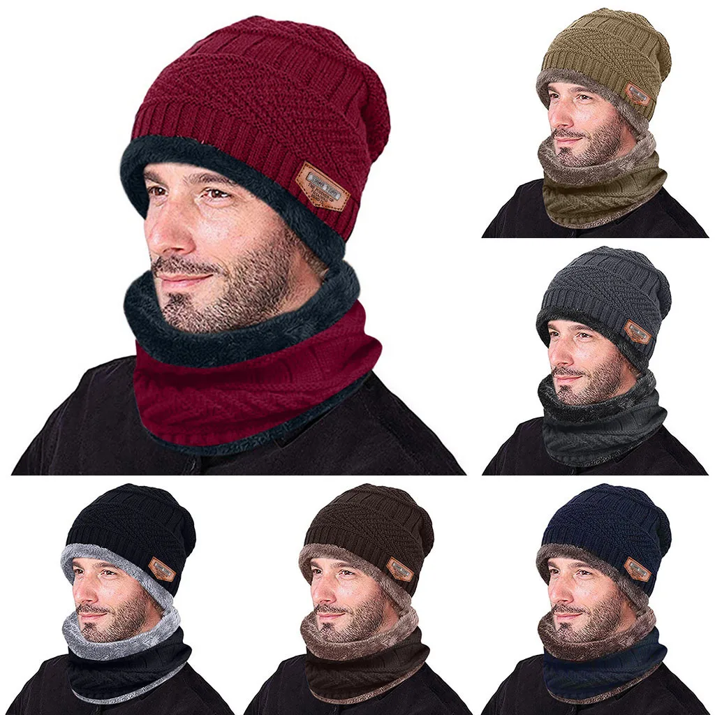 2 шт., вязаная шапка, шарф, набор, Мужская теплая шапка, зимняя утолщенная шапка и шарф, два предмета, вязаная утолщенная ветрозащитная шапка, уличная теплая шапка