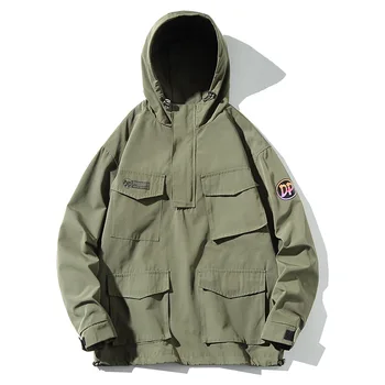 

Spring Jacket Men Casual Loose Hooded Collar Military Jacket Multi-pockets Print Letter Kpop Coat Men M-5XL Korean Clothes