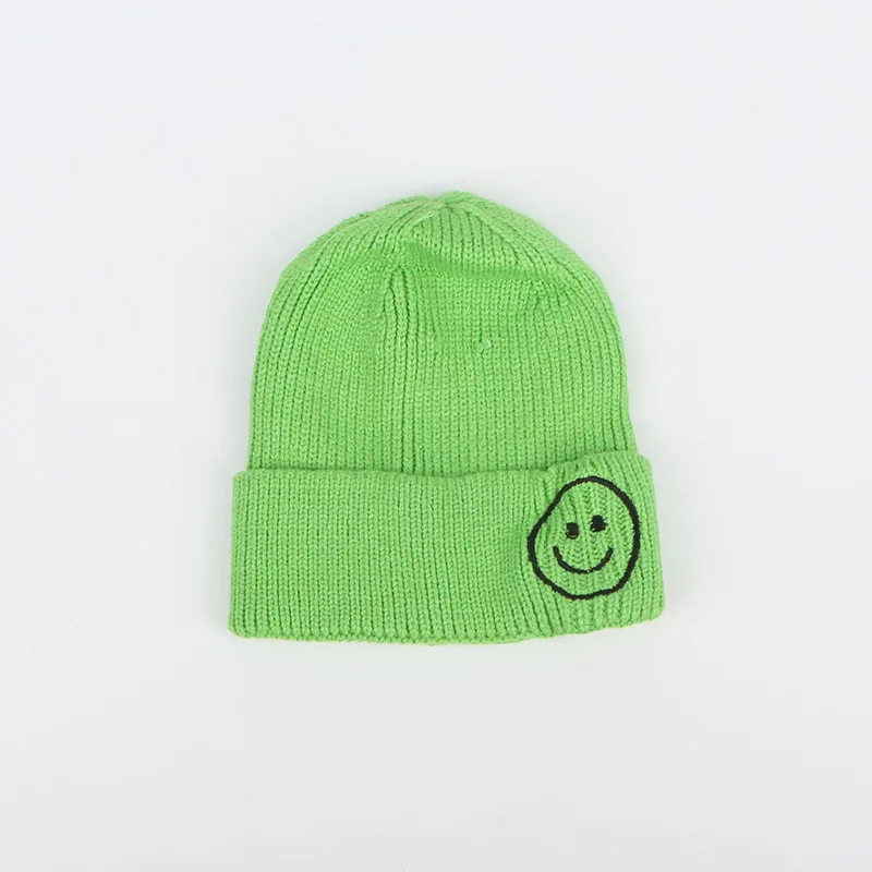 Children Candy Color Hat Winter Kids Knitted Hat Smile Face Solid Cap Ear Flap Beanie Crochet Baby Boys Clothes Girls Warm Hats - Цвет: green