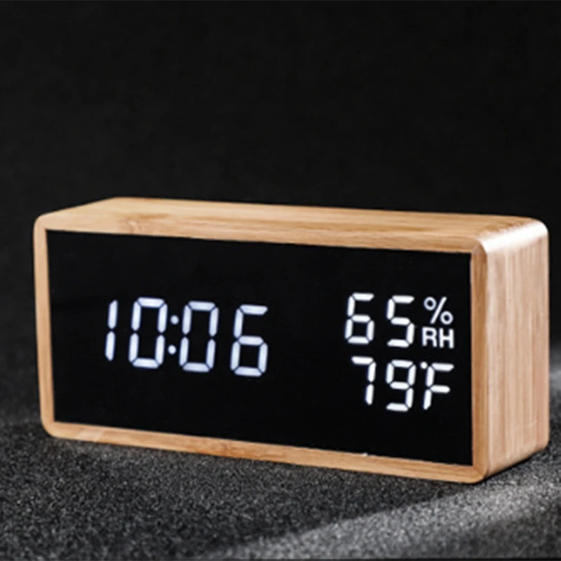 BMBY-Digital Alarm Clock Bamboo Wood Led Light Desk Alarm Clock Displays Time Date Temperature Humidity