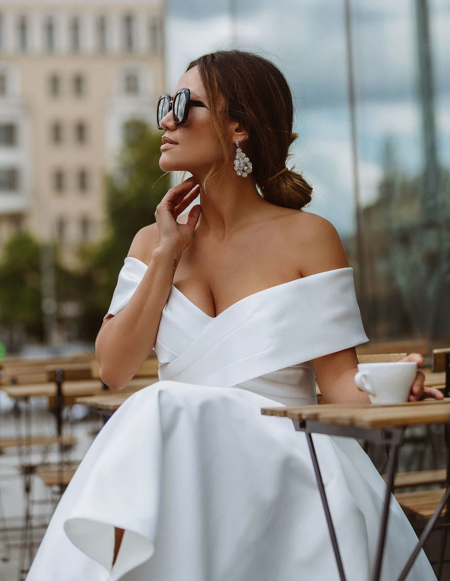 LORIE Simple Tea-length Wedding Dress Off the shoulder White Ivory Satin A-line Short Bride Gowns Beach Customized Wedding Gown 15 Hce73cd970a894cdbacdc03ec27c96cfb0