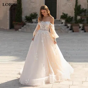Свадебные платья LORIE цвета шампанского, а-силуэт, с пышными рукавами, с открытыми плечами, кружевные пляжные платья для невесты, свадебные платья