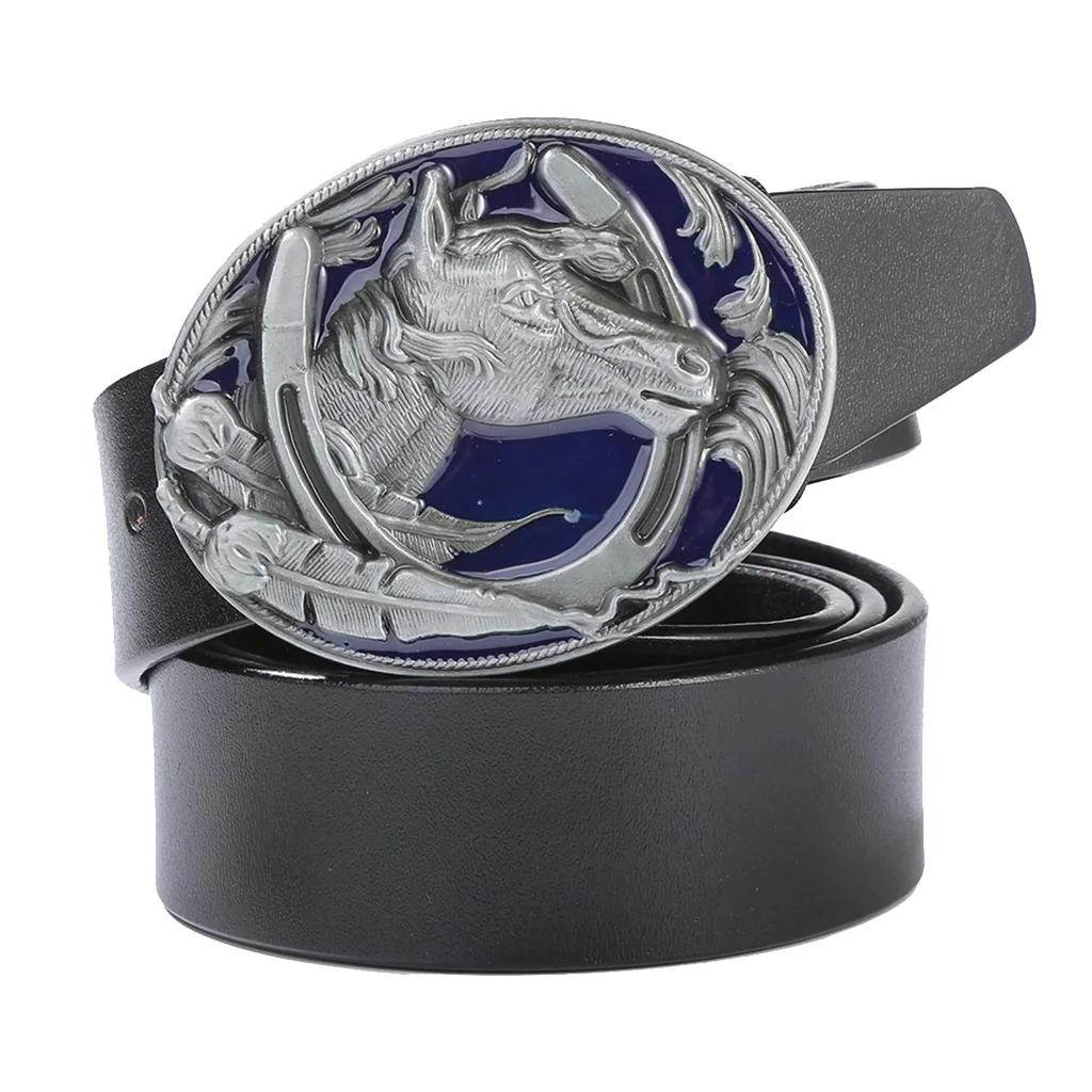Men Western Leather Belt Gothic Punk Horse Head Belt Buckle Waistband