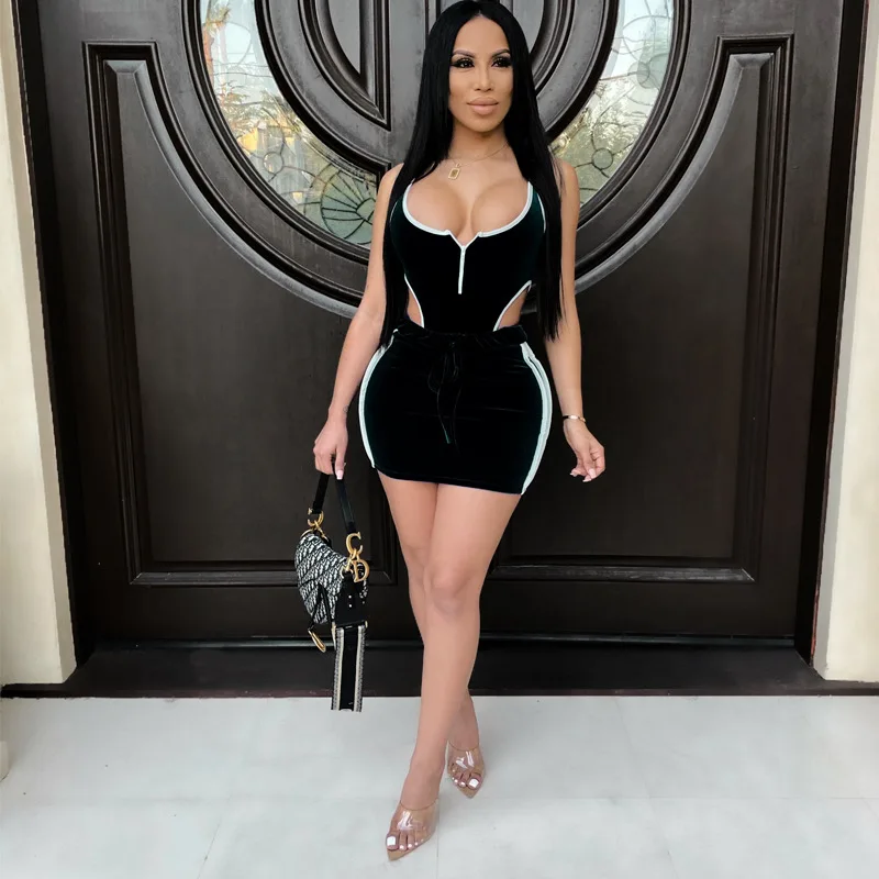 Velvet Bodysuits+Skirts Suits Sexy Hollow Out Two Piece Set Night Club Night Party Streetwear Bodycon 2020 Summer Outfits Velvet Bodysuits+Skirts Suits Sexy Hollow Out Two Piece Set Night Club Night Party Streetwear Bodycon 2020 Summer Outfits