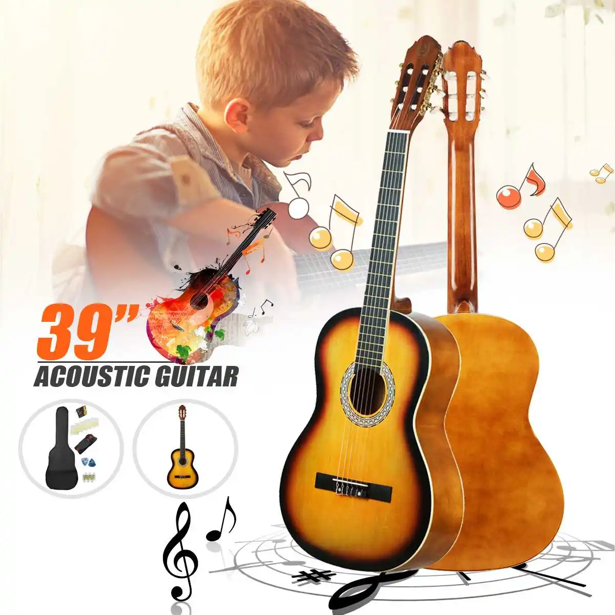 39 дюймов деревянные Классическая, акустическая гитара Sunset желтая древесина гитара с набор 6 Струны для липа для начинающих студент
