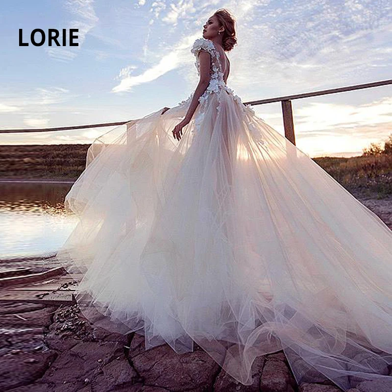 LORIE свадебное платье в стиле бохо с кружевными аппликациями, платье невесты из тюля, принцесса, милое декольте, пляжные свадебные платья, большие размеры