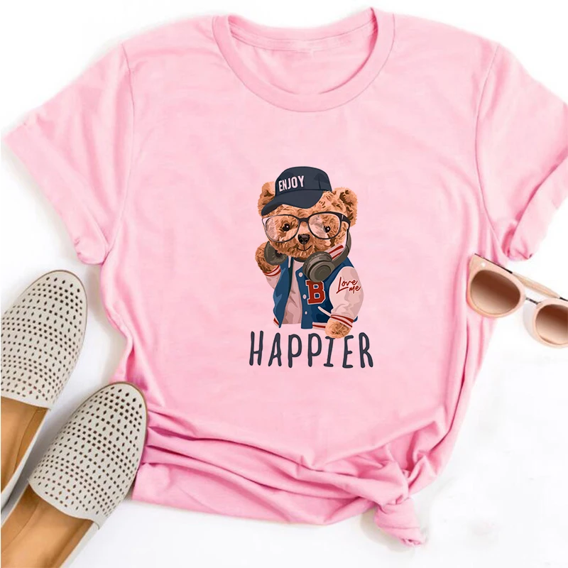 Harajuku Cute Bear Print Womans T-shirt Fashion Gothic Women O-neck Tshirt Pink Tops Casual Female Clothing Short Sleeve T Shirt summer crop top Tees