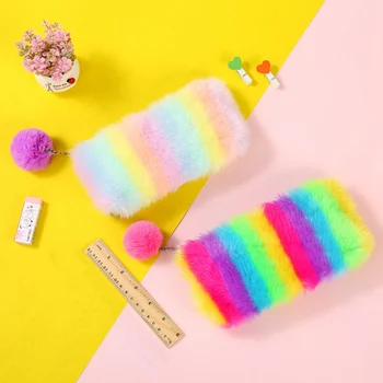 

Rainbow Plush Pencil Case Zipper Hair Ball Pen Bag Large Capacity Pencil Pouch Kids Girls Kawaii School Supplies