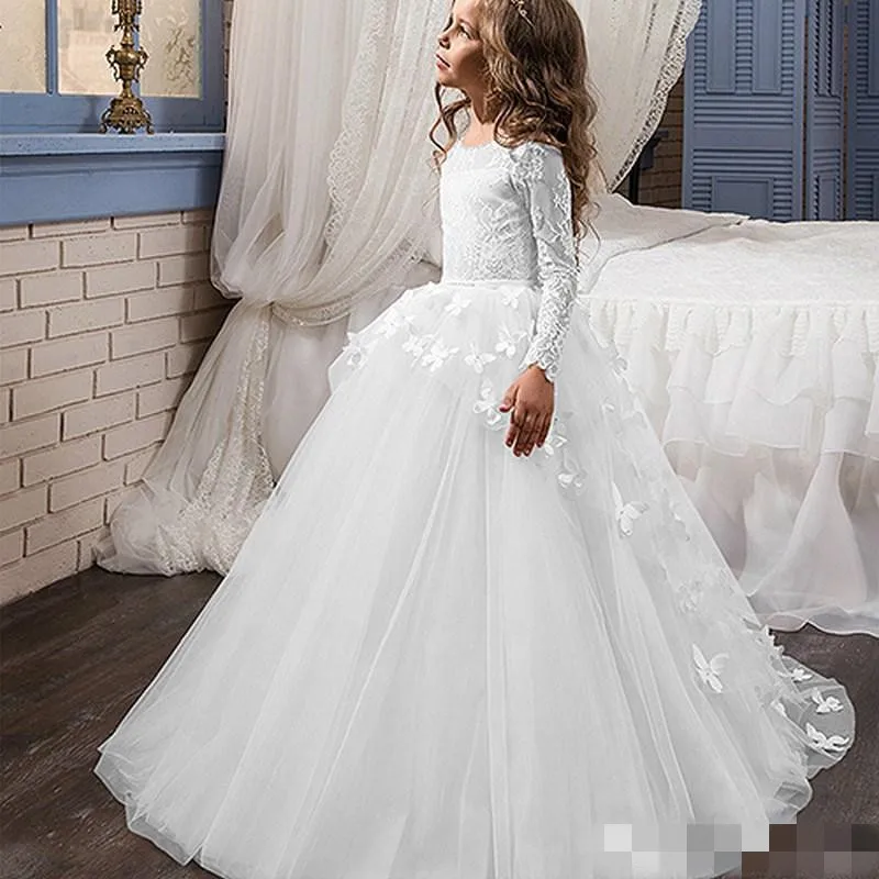 

Pageant Yellow Long Sleeve Princess Gowns Lace Flower Girl Dresses For Wedding Girl's Floor Length Hand Made Kids Party Birthday