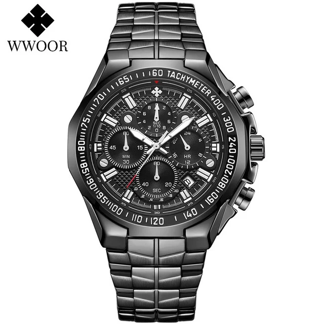 2021 WWOOR Men's Watch Top Brand Luxury Black Wrist watch Fashion Sports Chronograph steel Quartz Men Watches Relogio Masculino 
