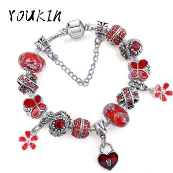 

New Red Flower Pendant Fit Original Pandor Charms European Bracelet Butterfly Beetle Glass Beads for Women Jewelry Girl Pulseras