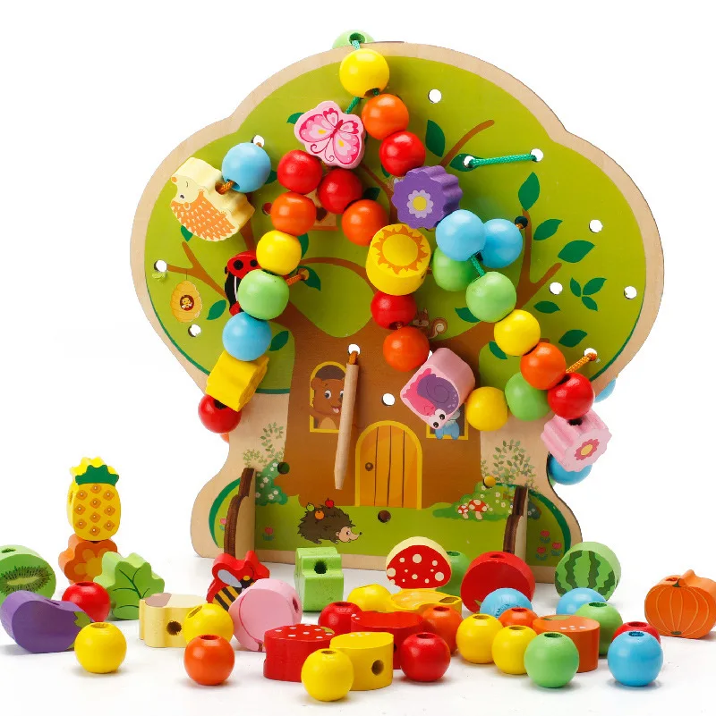 

MWZ Children Wooden Building Blocks Cartoon House Beaded Bracelet Wearing Rope String Beaded Bracelet Bead-stringing Toy CHILDRE