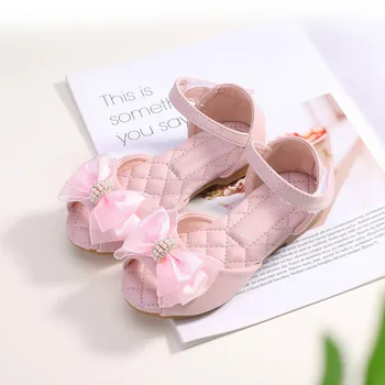

Girls Summer Sandals Open Toe Fish Mouth Princess Shoes Sweet Bowknot Pearl Dancing Shoes Comfortable Beach Shoes Pink Flat Heel
