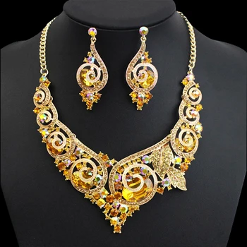 

Fashion Austria Crystal Bridal Jewelry Sets Necklace Drop Earrings Dubai Gold Color Wedding Party Dress Accessories for Brides