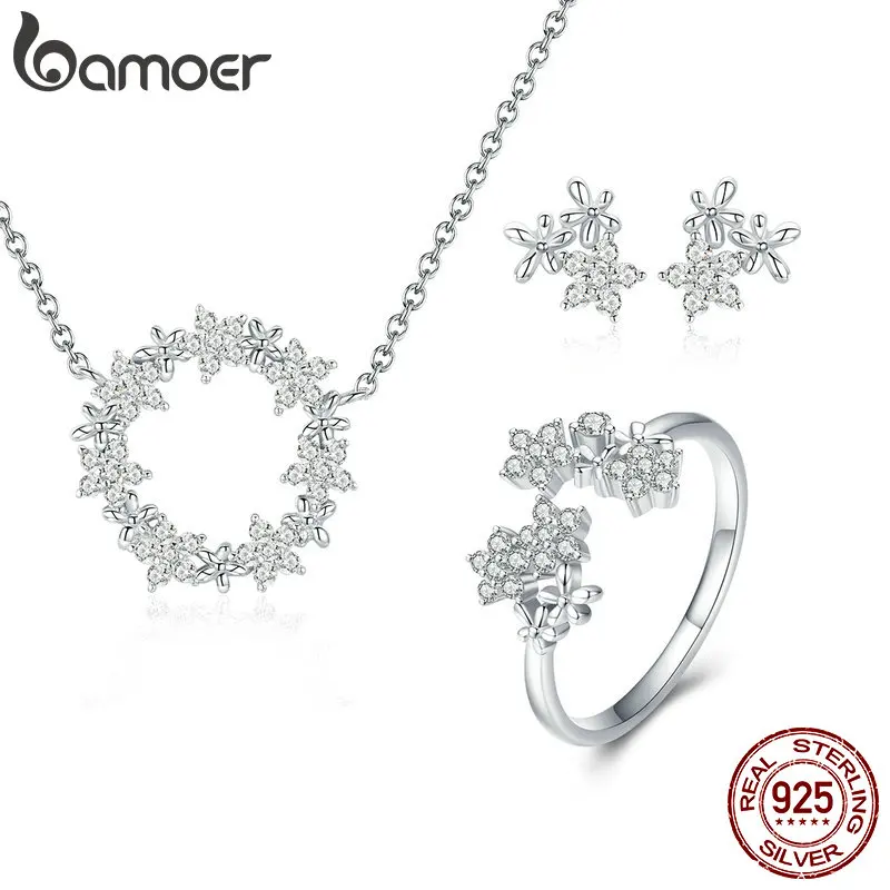 

BAMOER 925 Sterling Silver Jewelry Sets Clear Cubic Zircon Shining Star Necklace Women Ring Jewelry Set Luxury Jewelry ZHS097