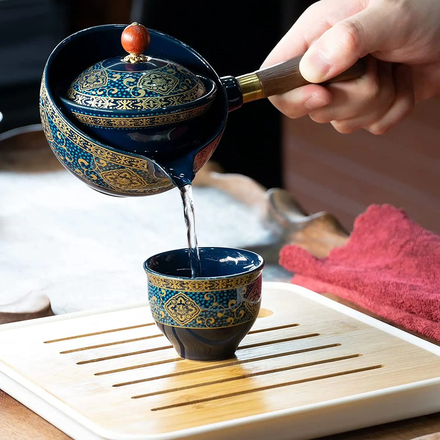 Porcelain Chinese Gongfu Tea Set Portable Teapot Set with 360 Rotation Tea Maker and Infuser Portable All in One Gift Bag