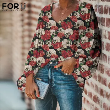 

FORUDEGINS Women Fashion Tops And Blouse Sugar Skull With Rose Print Gothic Style Long Sleeves Shirts Roupa Feminina Drop Ship