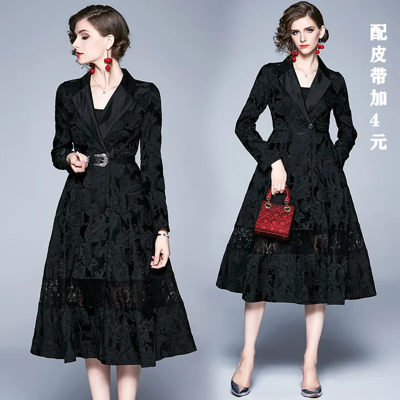 

Europe And America Dress Women's Autumn Black Jacquard Trench Coat Popular Retro Overcoat over-the-Knee Long 2019 New Style WOME