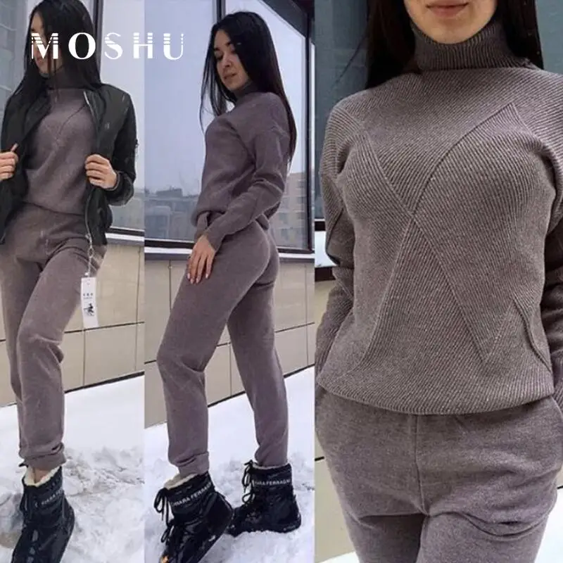 Комплект из 2 предметов Женский трикотажный спортивный костюм водолазки Осень