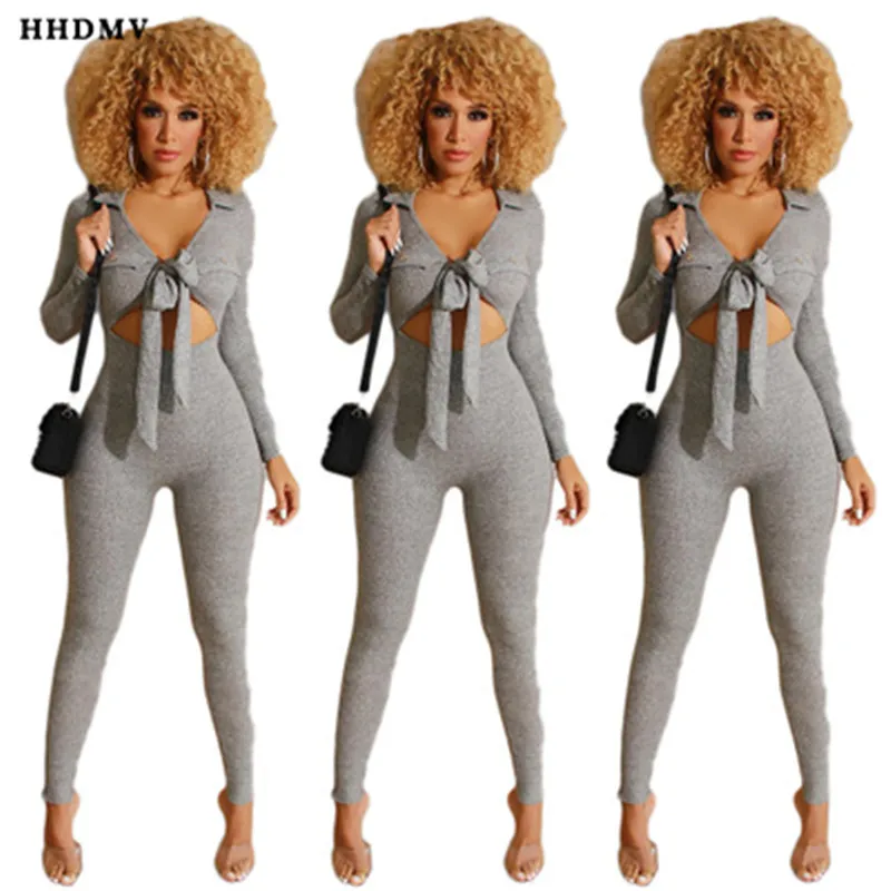 HHDMV DAN8199 elegant fair maiden style jumpsuits long sleeve lapel deep v hollow out pure color tight jumpsuits long pants