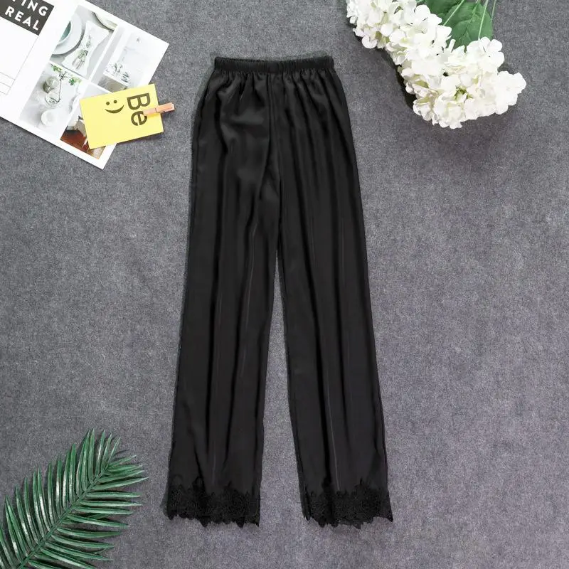 New Womens Lace Long pants Pajamas Spring Summer Casual Silky Home Wear Sleep Pyjama Bath Trousers M-XXL - Цвет: Balck - C