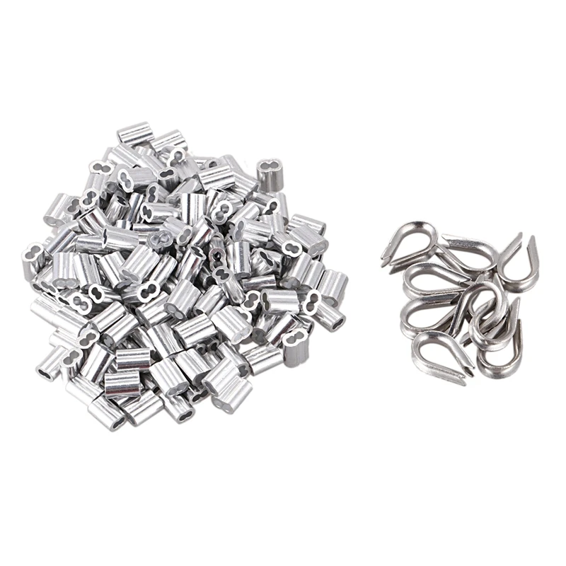 

High Quaity 100 pcs 1.5mm Wire Rope Aluminum Sleeves Clip Fittings Cable Crimps + 10 pcs M2 Stainless Steel Thimble Combo