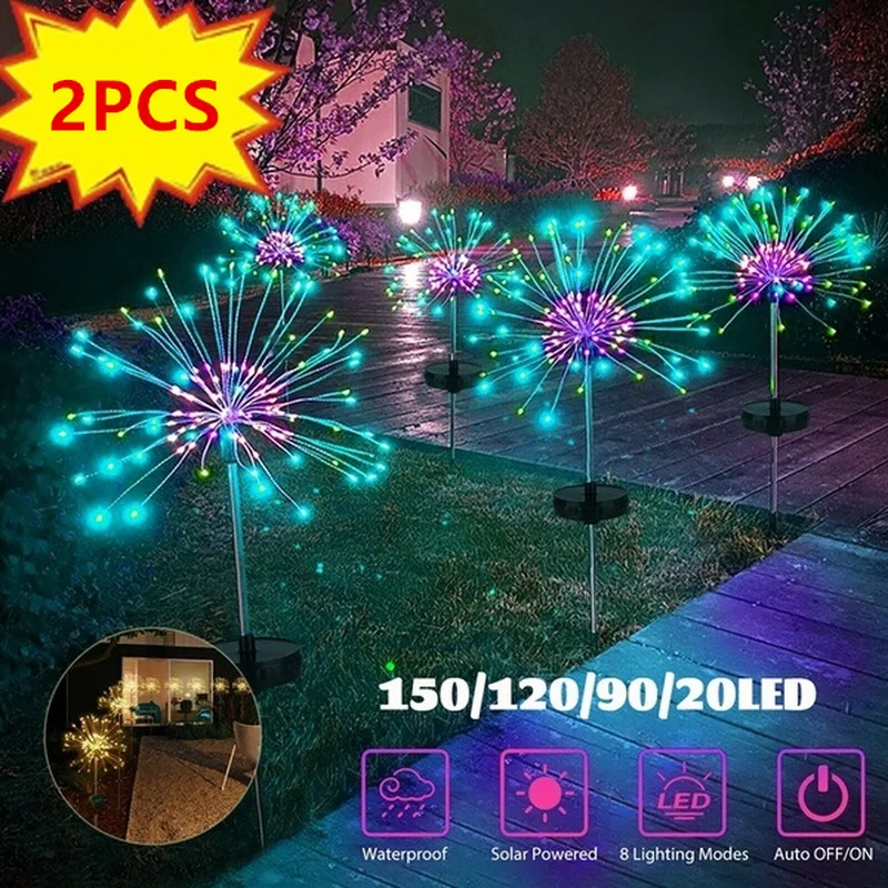 Luces LED solares de fuegos artificiales para exteriores, tira de luces LED impermeables de hadas para decoración navideña, jardín y hogar, 90/120/150 LEDs, 1/2 Uds.