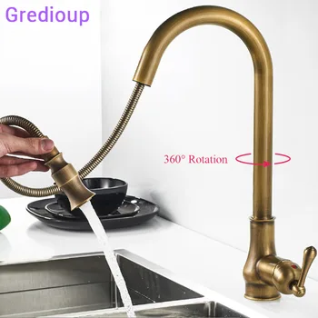 

Antique Gold Kitchen Sink Tap Pull Down Brass Mixer Water Kitchen Faucet Hot Cold Stream Deck Mount Single Hole Faucets Cuissine