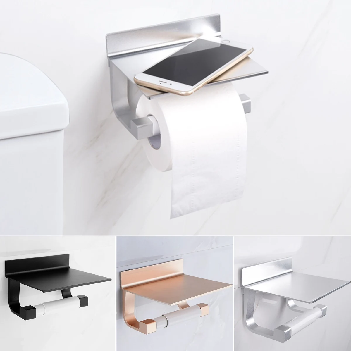 Toilet Paper Holders Space Aluminum Multi-function Storage Holder Bathroom Shelves Towel Shelf with Phone Holder Free Punching