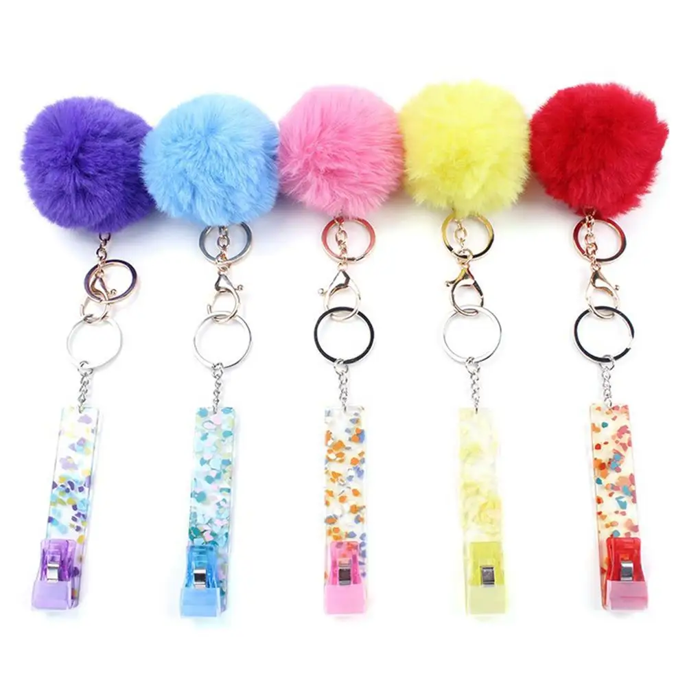Acrylic Material Card Puller Custom Your Own Credit Card Grabber Keychain For Long Nails Jewelry cute Hairball Keychains Pendant 1