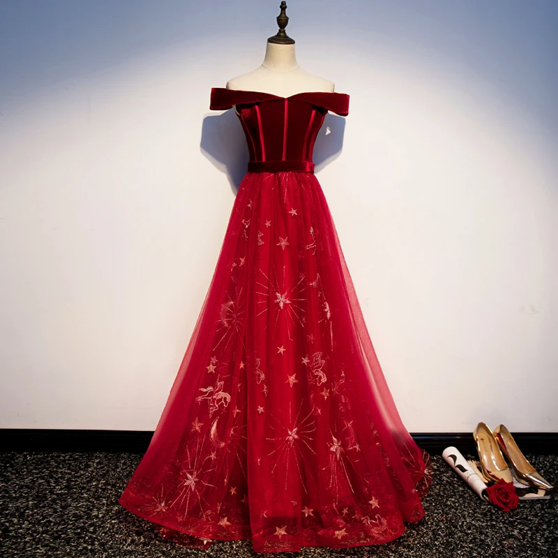 Sexy Off The Shoulder Evening Dresses R1239 Wine Red Dress Boat Neck Train Lace up Gowns A Line Robe De Soiree | Свадьбы и торжества
