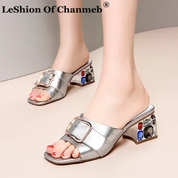 

Genuine Leather Slippers Women Gemstone Heels Summer Shoes Woman Ladies Flip Flops Belt Square Buckle Slides Female Beach Shoes
